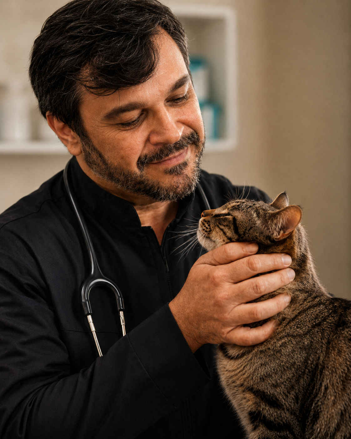 Dr. Renato Guelfi examinando gato com cuidado